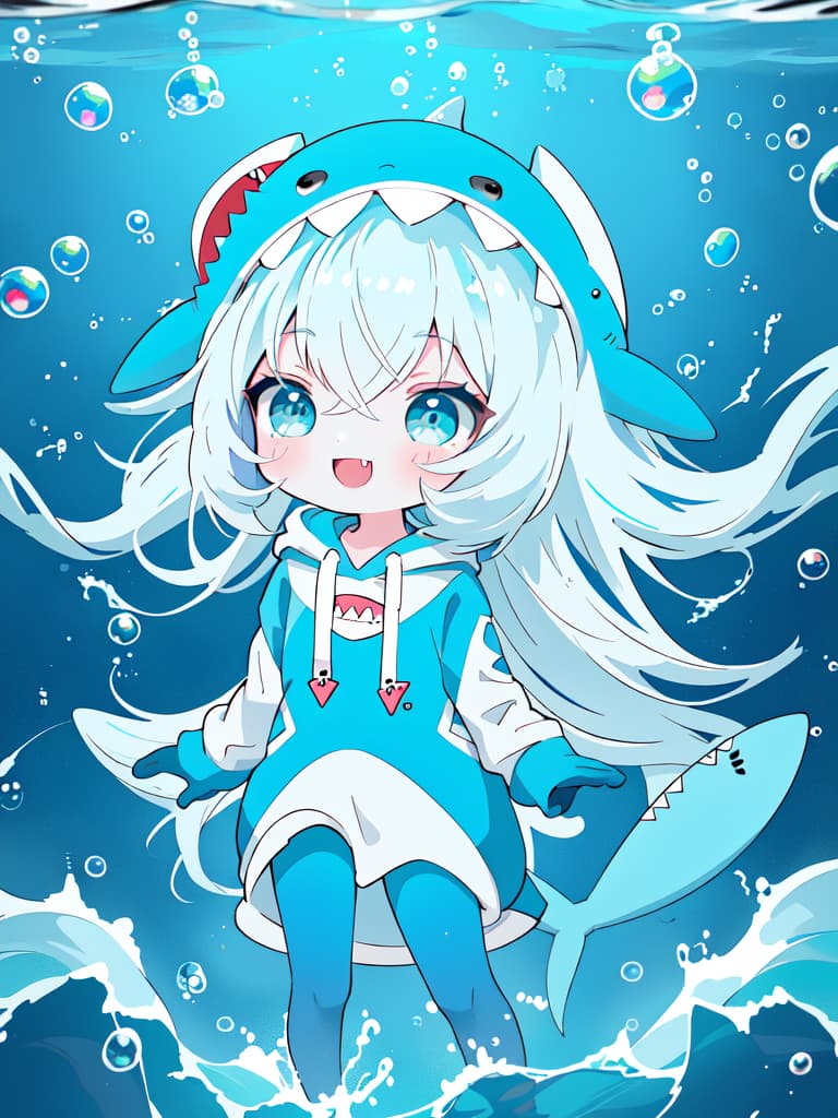  popart,flat color,A girl,shark gloves,(shark mascot hoodie),BREAK.cute,tween,in deep sea,shiny skin,whole body,smile,(bubble:1.3),deepsea background,(best quality,masterpiece,ultra highres,ultra detailed:1.2) ,, masterpiece, best quality,8k,ultra detailed,high resolution,an extremely delicate and beautiful,hyper detail