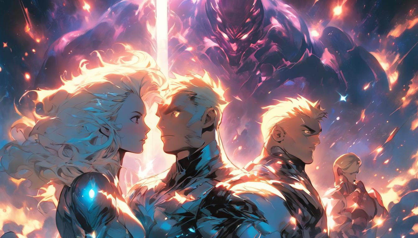  hyperrealism,fantasy aesthetic1man1woman, large busted attractive blonde arian female humanoid and handsome brunet male humanoid, surrounded by celestial beings, radiant light, stars in the background, high tech clothing clad in sleek, futuristic costume with metallic accents and form fitting designs, marvel superhero comics style, unreal engine rendering