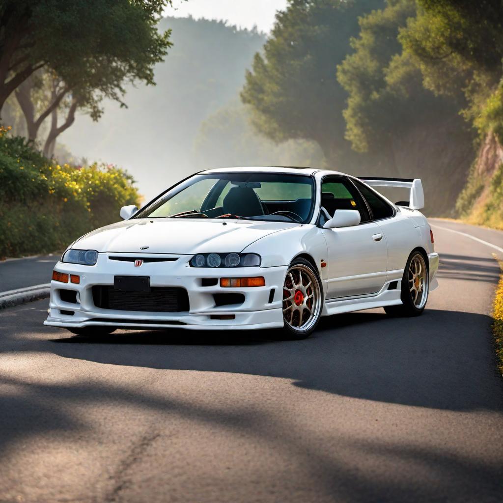  1997 Acura Integra Type R in white color, parked on a road. The car should emphasize its sporty design elements, including its sleek front grille, distinctive alloy wheels, rear spoiler, and classic late 90s coupe body lines. The background should be simple to keep the focus on the car. hyperrealistic, full body, detailed clothing, highly detailed, cinematic lighting, stunningly beautiful, intricate, sharp focus, f/1. 8, 85mm, (centered image composition), (professionally color graded), ((bright soft diffused light)), volumetric fog, trending on instagram, trending on tumblr, HDR 4K, 8K