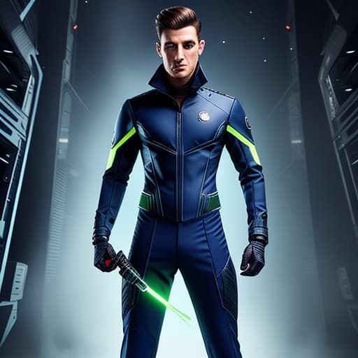  image of a 18 boy wearing thigt a dark blue secret agent costume with green strips and howling wolf design hyperrealistic, full body, detailed clothing, highly detailed, cinematic lighting, stunningly beautiful, intricate, sharp focus, f/1. 8, 85mm, (centered image composition), (professionally color graded), ((bright soft diffused light)), volumetric fog, trending on instagram, trending on tumblr, HDR 4K, 8K