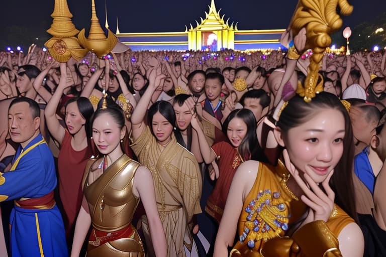  Party at the palace, celebrating victory outside Thai palace in the night sooooo many people There are warriors Look at the picture from a distant perspective.