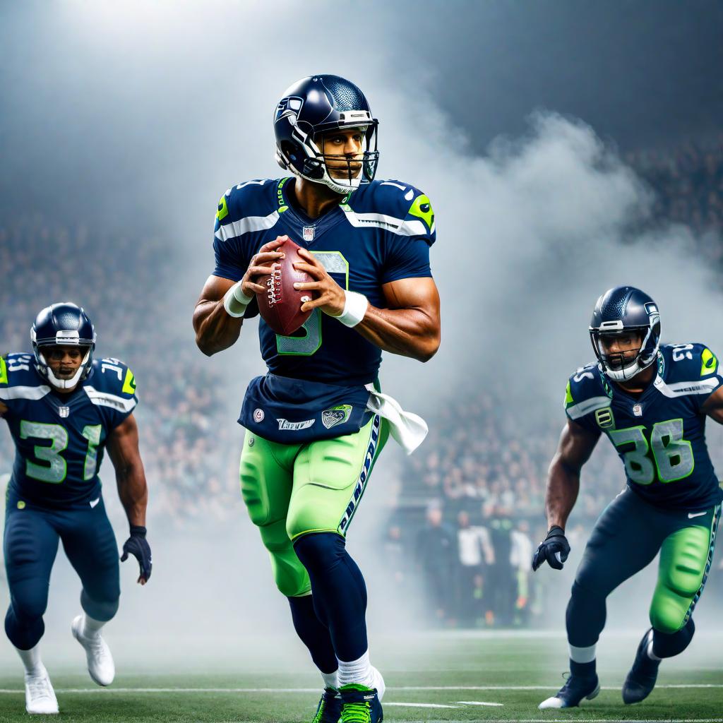  Revisualize the fantasy football logo with the team name 'SONS OF STEEL'. Include an image of Russell Wilson as the quarterback with the top 6 players of the team beneath him. hyperrealistic, full body, detailed clothing, highly detailed, cinematic lighting, stunningly beautiful, intricate, sharp focus, f/1. 8, 85mm, (centered image composition), (professionally color graded), ((bright soft diffused light)), volumetric fog, trending on instagram, trending on tumblr, HDR 4K, 8K