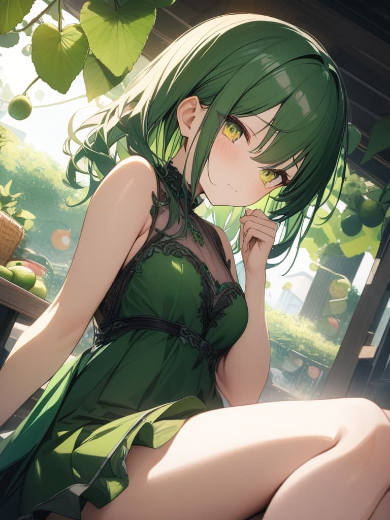  Cute, girl, yellow green eyes, yellow green hair color, kiwi decoration, kiwi fruit, vine, shy face, green frills dress, half twin, open legs, masterpiece, best quality,8k,ultra detailed,high resolution,an extremely delicate and beautiful,hyper detail