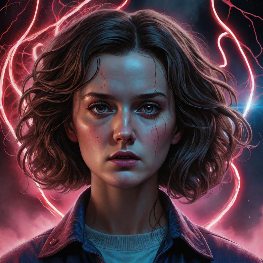  Artistic drawing of Eleven from Stranger Things using her psychic powers. She is depicted with a nosebleed, her eyes focused and intense, as she uses her telekinetic abilities to lift or manipulate objects around her. The background is done in an artistic, abstract style with dark, eerie elements and a supernatural atmosphere typical of the show. hyperrealistic, full body, detailed clothing, highly detailed, cinematic lighting, stunningly beautiful, intricate, sharp focus, f/1. 8, 85mm, (centered image composition), (professionally color graded), ((bright soft diffused light)), volumetric fog, trending on instagram, trending on tumblr, HDR 4K, 8K