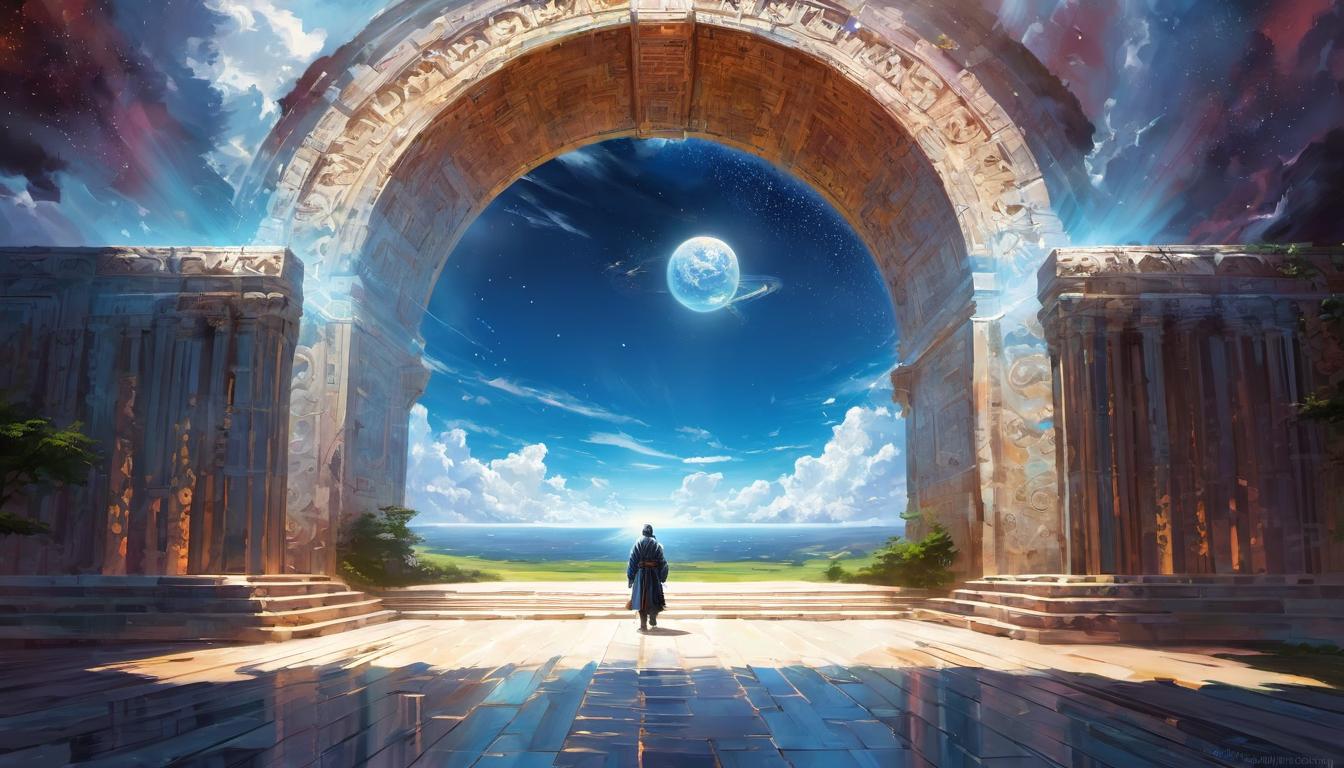  digital painting of Blurring sky boundary, mortal figure steps through celestial gate, shimmering barrier, beams of light, convergence of earth and sky, determination, transcendence looking at viewer, dynamic pose, (intricate details, masterpiece, best quality)