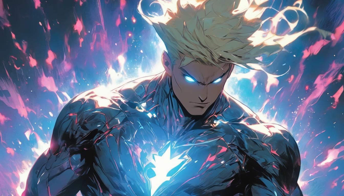  hyperrealism,fantasy aesthetic1man, attractive blonde arian male humanoid, transforming dark energy into light, powerful stance, glowing aura, stars in the background, high tech clothing clad in sleek, futuristic costume with metallic accents and form fitting designs, marvel superhero comics style, unreal engine rendering