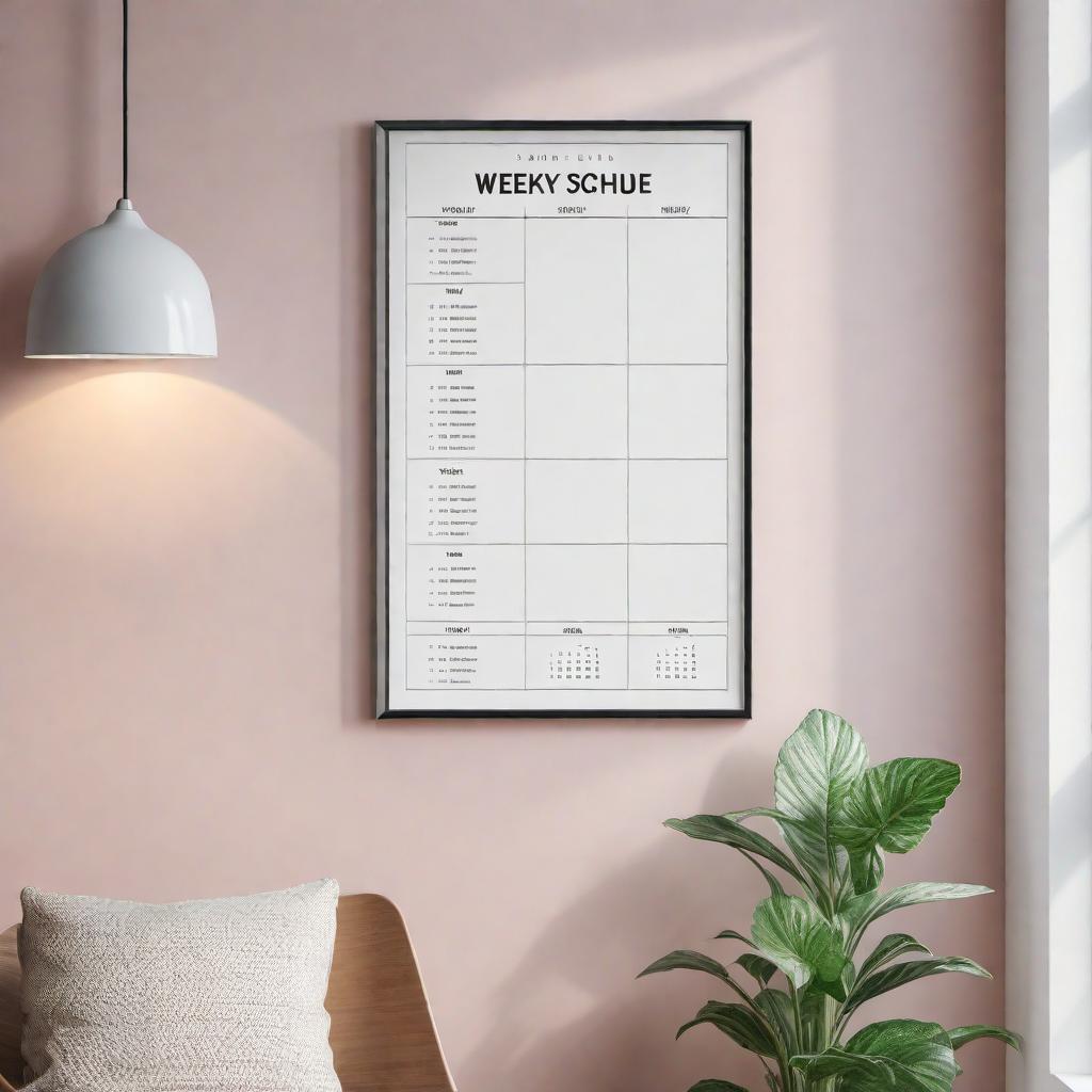  A print-ready frame for a weekly schedule. The frame should be clean and visually appealing, with a layout that includes: - Days of the week (Monday to Sunday) as headers across the top. - Time slots on the left side (e.g., Morning, Afternoon, Evening). - Space for notes at the bottom. - Light pastel colors for the background with distinct, clear lines to differentiate each day and time slot. - Room for writing in each cell. - A header section that says 'Weekly Schedule' at the top. hyperrealistic, full body, detailed clothing, highly detailed, cinematic lighting, stunningly beautiful, intricate, sharp focus, f/1. 8, 85mm, (centered image composition), (professionally color graded), ((bright soft diffused light)), volumetric fog, trending on instagram, trending on tumblr, HDR 4K, 8K