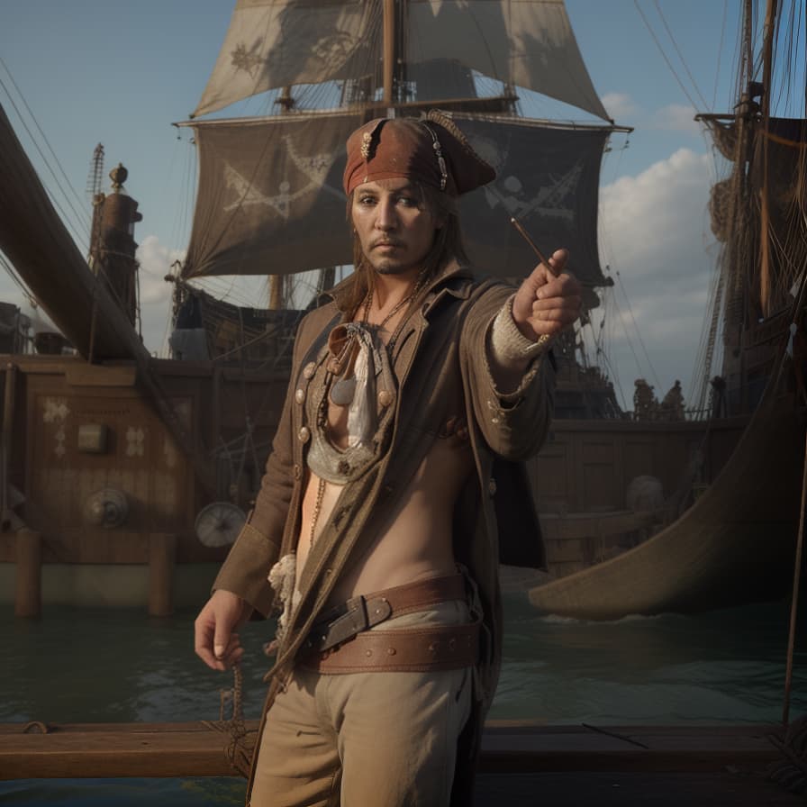  Transform the uploaded photo of a person into an image of a pirate. Add pirate themed elements such as an eye patch, a tricorn hat, a parrot on the shoulder, a pirate coat, and a background featuring a pirate ship or a treasure island. The final image should be vibrant, very detailed