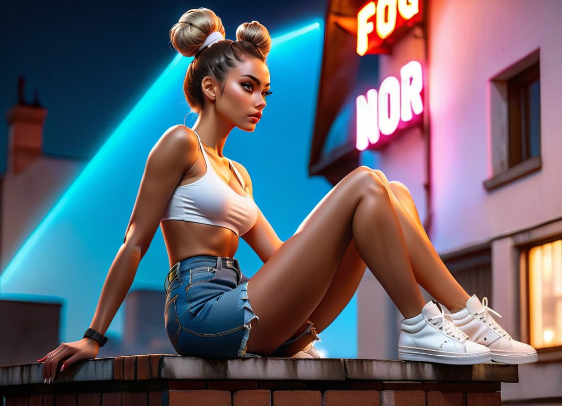  A girl is sitting on a roof against the backdrop of a night city, her hair is in a bun, her hair is dark, she is wearing denim shorts and white sneakers, profile view. hyperrealistic, full body, detailed clothing, highly detailed, cinematic lighting, stunningly beautiful, intricate, sharp focus, f/1. 8, 85mm, (centered image composition), (professionally color graded), ((bright soft diffused light)), volumetric fog, trending on instagram, trending on tumblr, HDR 4K, 8K