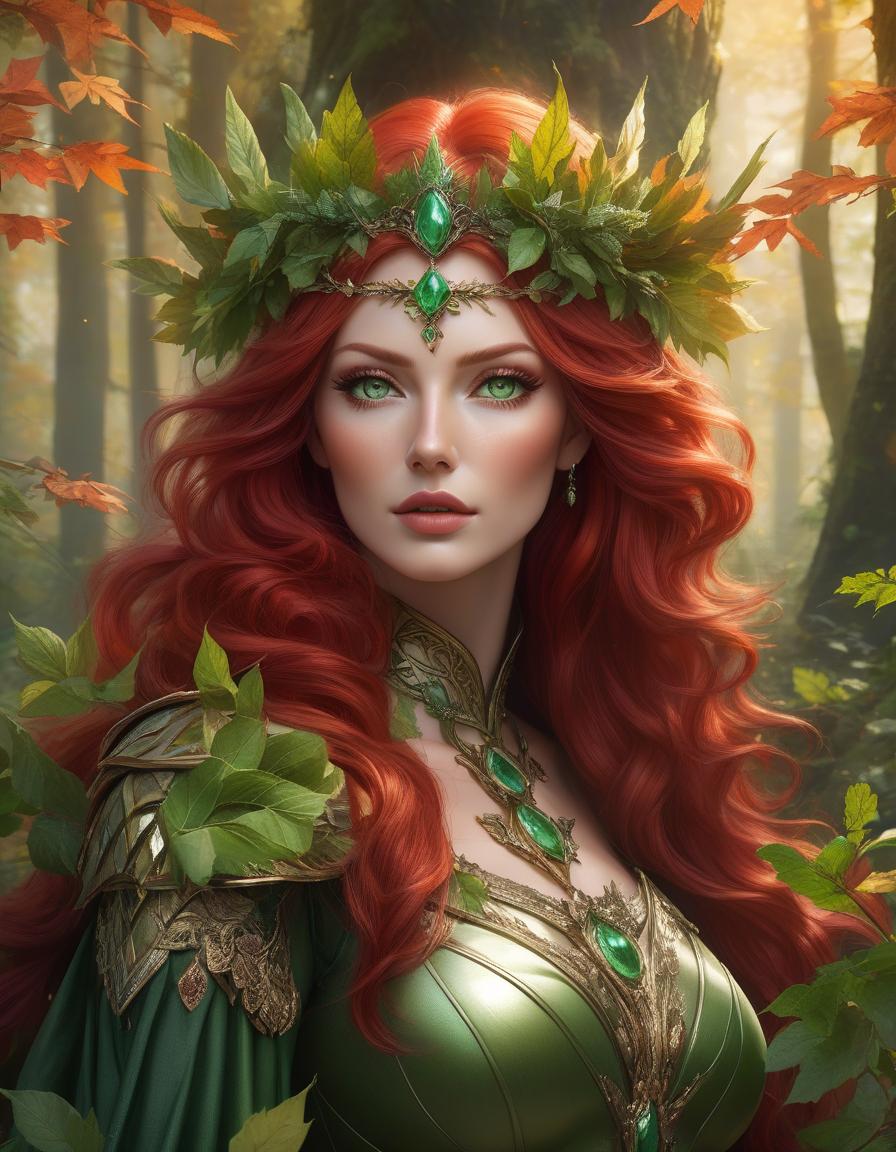  hyperrealistic art A woman with vibrant red hair and a crown of green leaves set against a soft, forest like backdrop. there is a woman with red hair and green eyes surrounded by leaves, goddess of autumn, beautiful autumn spirit, beautiful digital artwork, fantasy portrait art, hyperrealistic fantasy art, fantasy portrait, fantasy art portrait, detailed fantasy digital art, beautiful fantasy art portrait, detailed matte fantasy portrait, gorgeous digital art, beautiful digital art, portrait of a dryad, beautiful fantasy portrait . extremely high resolution details, photographic, realism pushed to extreme, fine texture, incredibly lifelike hyperrealistic, full body, detailed clothing, highly detailed, cinematic lighting, stunningly beautiful, intricate, sharp focus, f/1. 8, 85mm, (centered image composition), (professionally color graded), ((bright soft diffused light)), volumetric fog, trending on instagram, trending on tumblr, HDR 4K, 8K