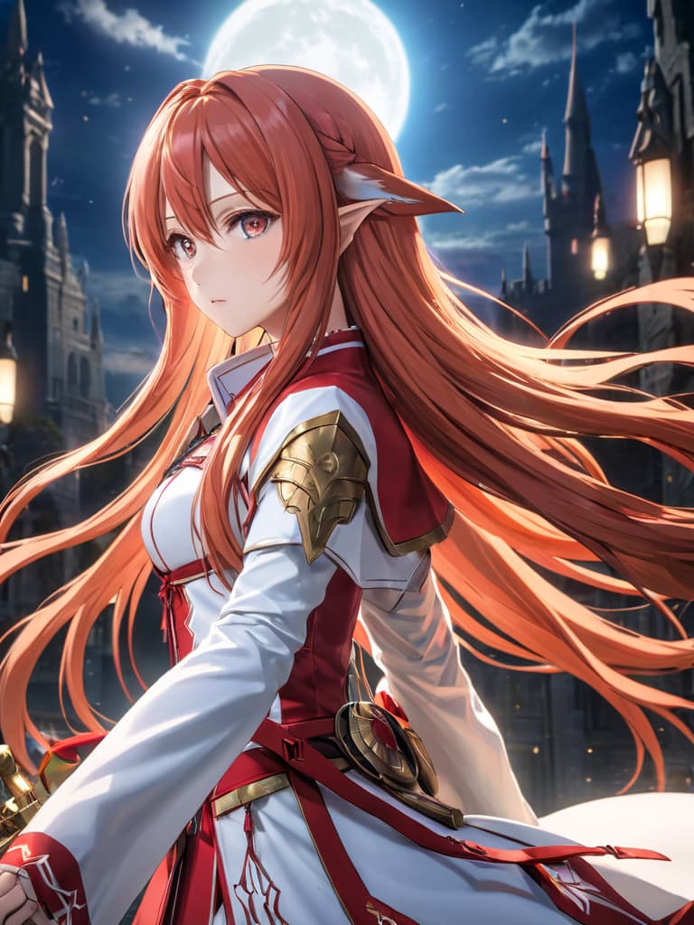  (best quality, masterpiece, colorful, dynamic angle,) upper body photo, fashion photography of intense long red hair, (Asuna Yuuki)(sword art online) yuuki asuna, (ultrahigh resolution textures), in dynamic pose,(intricate details), moonlight passing through hair, perfect night, fantasy background, (official art) hyperrealistic, full body, detailed clothing, highly detailed, cinematic lighting, stunningly beautiful, intricate, sharp focus, f/1. 8, 85mm, (centered image composition), (professionally color graded), ((bright soft diffused light)), volumetric fog, trending on instagram, trending on tumblr, HDR 4K, 8K