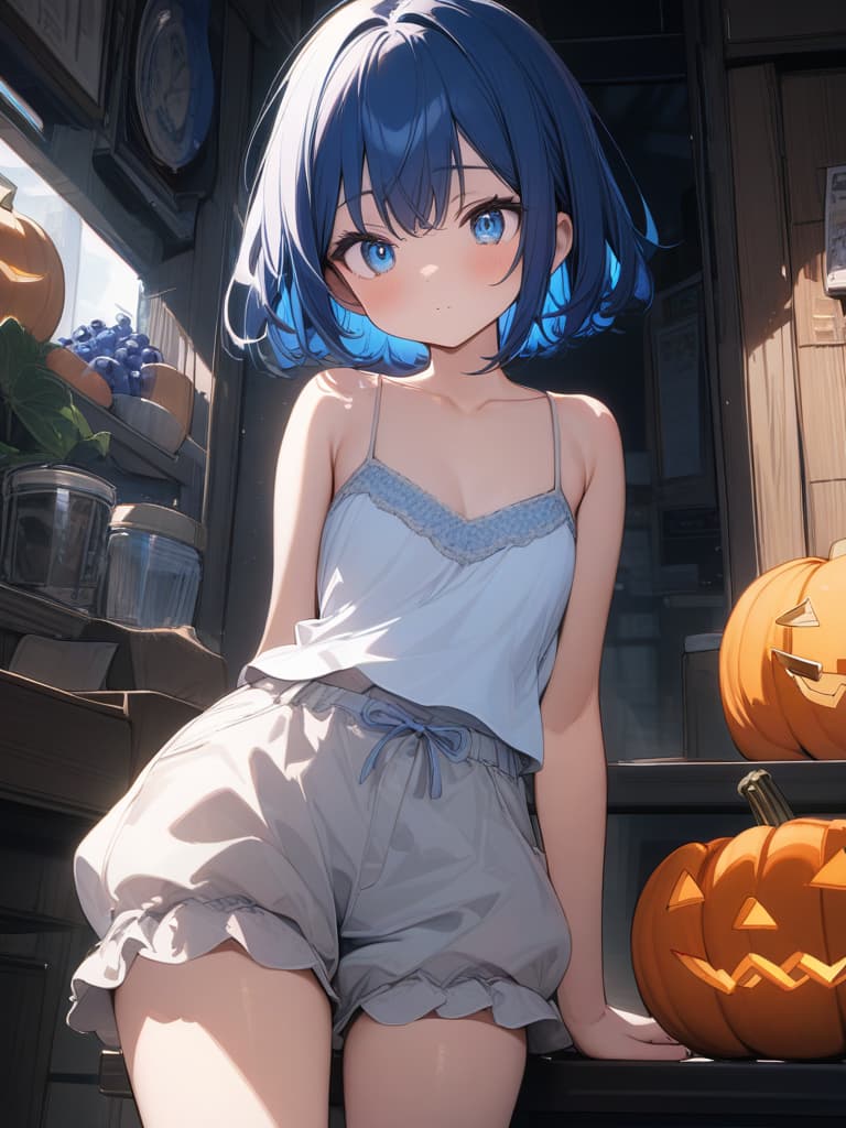  Cute, delicate, blue hair, blue eyes, blueberry, bob hair, young face, camisole, short hair, big eyes, shorts, pumpkin pants, masterpiece, best quality,8k,ultra detailed,high resolution,an extremely delicate and beautiful,hyper detail