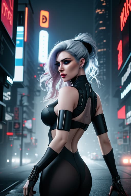 ultra realistic back portrait ((beautiful pale cyberpunk sexiest barbarella with heavy black eyeliner)), stunning body, staring viewer, blue eyes, shaved side long wavy haircut, huge boobs, deep cleavage, hyper detail, cinematic lighting, magic neon, dark red city, Canon EOS R3, nikon, f/1.4, ISO 200, 1/160s, 8K, RAW, unedited, symmetrical balance, in frame, 8K hyperrealistic, full body, detailed clothing, highly detailed, cinematic lighting, stunningly beautiful, intricate, sharp focus, f/1. 8, 85mm, (centered image composition), (professionally color graded), ((bright soft diffused light)), volumetric fog, trending on instagram, trending on tumblr, HDR 4K, 8K