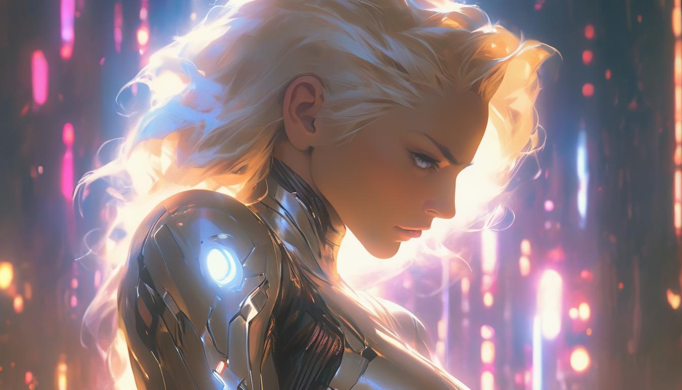  hyperrealism,fantasy aesthetic1woman, large busted attractive blonde arian female humanoid, deep in thought, intimate setting, warm glow, powerful aura, high tech clothing clad in sleek, futuristic costume with metallic accents and form fitting designs, marvel superhero comics style, unreal engine rendering