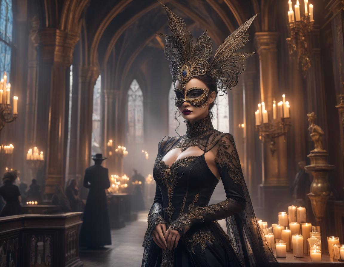  gothic style "Whimsical masquerade ball, with intricate, alluring, unique, creative masks and costumes" "head and shoulders portrait, 8k resolution concept art portrait by Greg Rutkowski, Artgerm, WLOP, Alphonse Mucha dynamic lighting hyperdetailed intricately detailed Splash art trending on Artstation triadic colors Unreal Engine 5 volumetric lighting" . dark, mysterious, haunting, dramatic, ornate, detailed hyperrealistic, full body, detailed clothing, highly detailed, cinematic lighting, stunningly beautiful, intricate, sharp focus, f/1. 8, 85mm, (centered image composition), (professionally color graded), ((bright soft diffused light)), volumetric fog, trending on instagram, trending on tumblr, HDR 4K, 8K