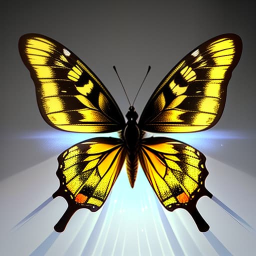  A small yellow butterfly flies over a black background. hyperrealistic, full body, detailed clothing, highly detailed, cinematic lighting, stunningly beautiful, intricate, sharp focus, f/1. 8, 85mm, (centered image composition), (professionally color graded), ((bright soft diffused light)), volumetric fog, trending on instagram, trending on tumblr, HDR 4K, 8K