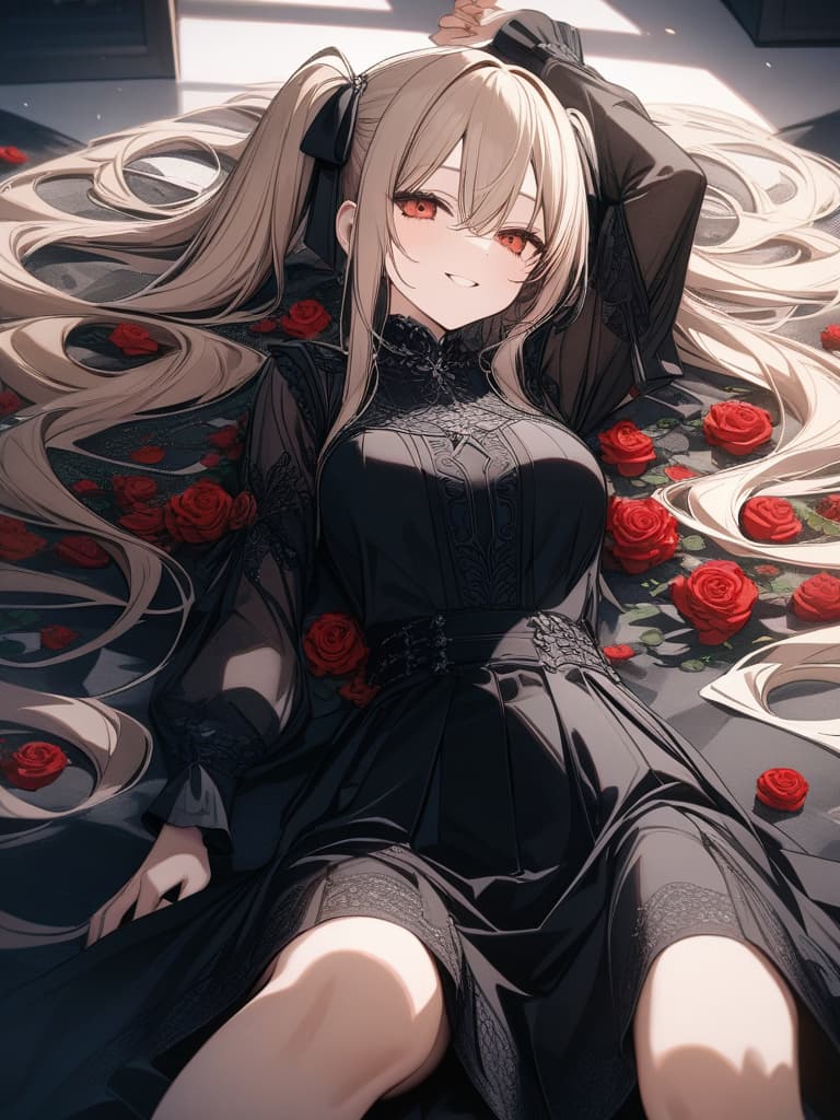  Hair colored beige, black gothic fashion, twin tails, long hair, roses are motifs, eyes are red, smiling, lying back, whole body, masterpiece, best quality,8k,ultra detailed,high resolution,an extremely delicate and beautiful,hyper detail