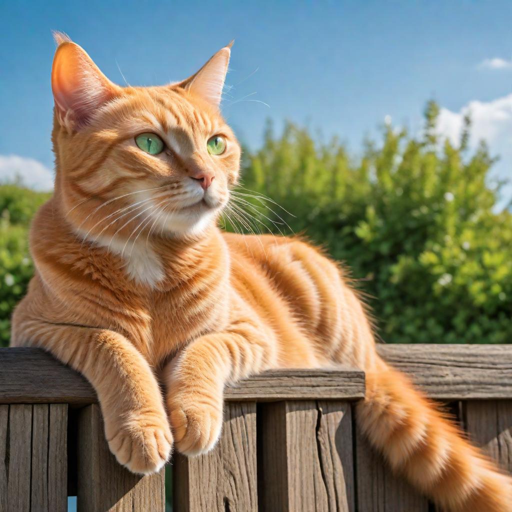  A cute orange tabby cat sitting gracefully on top of a wooden fence, with a clear blue sky in the background. The cat has bright green eyes and a fluffy tail, looking content and relaxed in the sunny day. hyperrealistic, full body, detailed clothing, highly detailed, cinematic lighting, stunningly beautiful, intricate, sharp focus, f/1. 8, 85mm, (centered image composition), (professionally color graded), ((bright soft diffused light)), volumetric fog, trending on instagram, trending on tumblr, HDR 4K, 8K