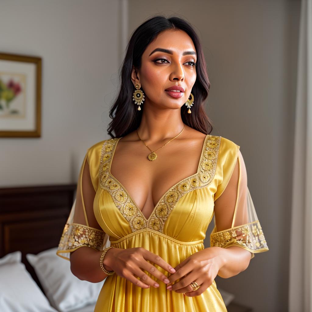  The image shows a Indian woman wearing a yellow nightgown. The nightgown is made of satin and has a floral pattern embroidered on the front. It has a V neckline and short sleeves. The woman is standing at bedroom, Clean Face of Jodie Comer, Bindi, ear rings, Bangles, hyperrealistic, full body, detailed clothing, highly detailed, cinematic lighting, stunningly beautiful, intricate, sharp focus, f/1. 8, 85mm, (centered image composition), (professionally color graded), ((bright soft diffused light)), volumetric fog, trending on instagram, trending on tumblr, HDR 4K, 8K