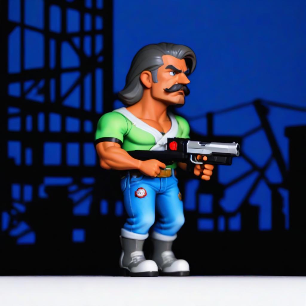  green T shirt, jeans, boots, gray hair, mustache, gun in hands hyperrealistic, full body, detailed clothing, highly detailed, cinematic lighting, stunningly beautiful, intricate, sharp focus, f/1. 8, 85mm, (centered image composition), (professionally color graded), ((bright soft diffused light)), volumetric fog, trending on instagram, trending on tumblr, HDR 4K, 8K