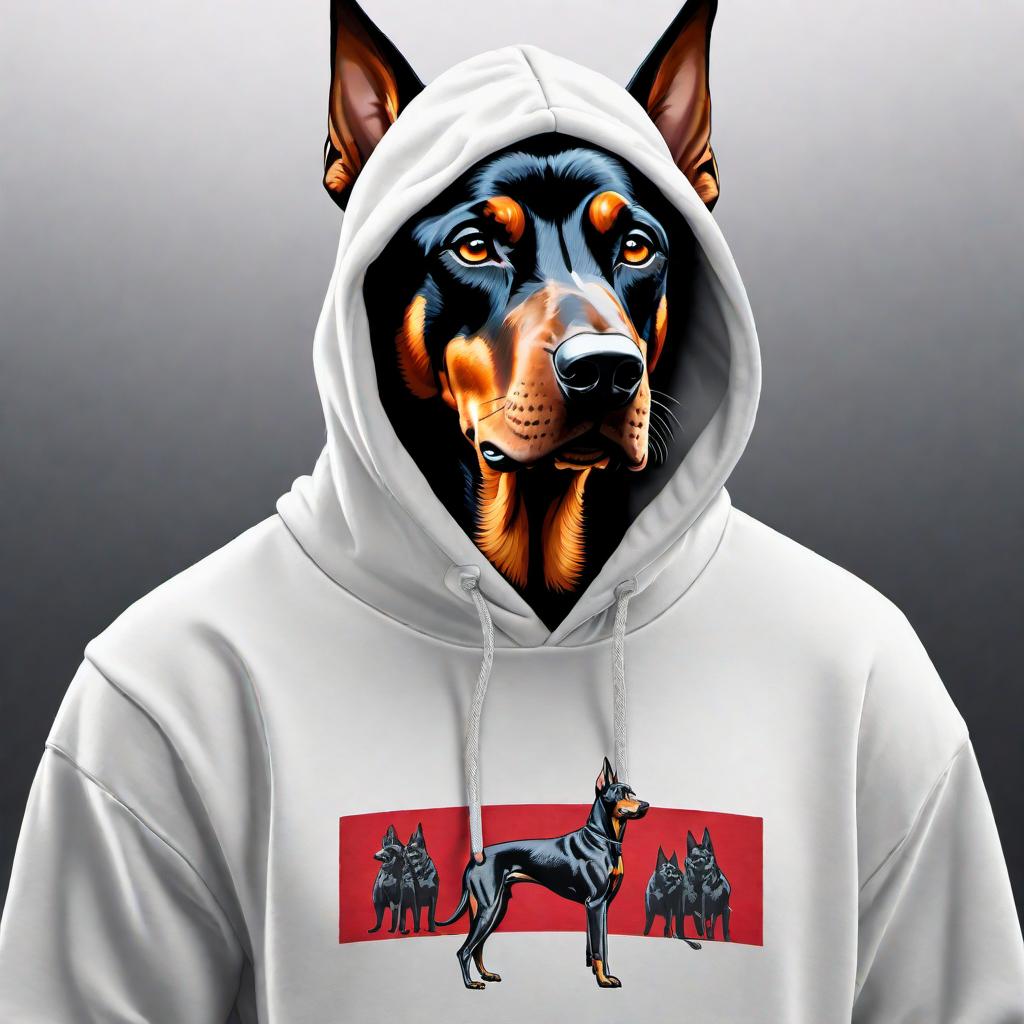  A hoodie design featuring a large graphic of a Doberman and the phrase 'Big Dogs' prominently displayed on the front. The hoodie should be available in fashionable, eye-catching color options such as black, white, and a bold color like red or neon green. The Doberman graphic should be detailed and imposing, matching Kanye West's bold streetwear style. hyperrealistic, full body, detailed clothing, highly detailed, cinematic lighting, stunningly beautiful, intricate, sharp focus, f/1. 8, 85mm, (centered image composition), (professionally color graded), ((bright soft diffused light)), volumetric fog, trending on instagram, trending on tumblr, HDR 4K, 8K