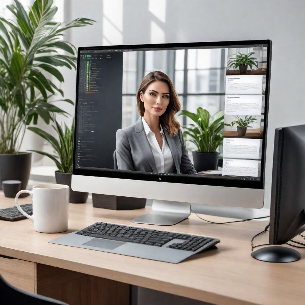  A high-resolution photo of a professional lady using a computer. She should be in a well-lit, modern office space with a minimalist design. The computer screen should be visible showing a productive interface, possibly with graphs or charts. Surrounding elements such as a coffee mug, notepad, and potted plant should be included to create an aesthetically pleasing and productive work environment. The lady should appear engaged and focused, with a pleasant and motivated expression. hyperrealistic, full body, detailed clothing, highly detailed, cinematic lighting, stunningly beautiful, intricate, sharp focus, f/1. 8, 85mm, (centered image composition), (professionally color graded), ((bright soft diffused light)), volumetric fog, trending on instagram, trending on tumblr, HDR 4K, 8K