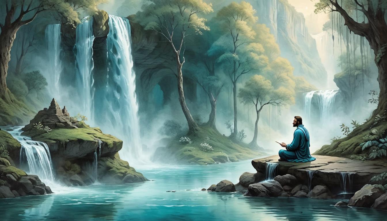  on parchment, surrealism+++, A serene figure meditating beneath a waterfall, crystal clear water, insights flowing, clarity, peaceful(mysterious, provocative, symbolic,muted color)+++