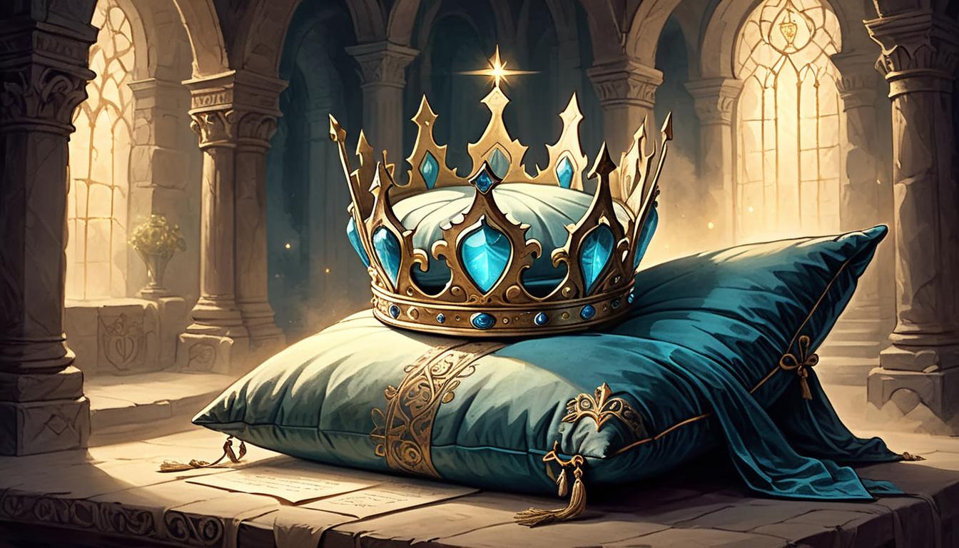  on parchment, surrealism+++, A glowing crown resting upon a velvet pillow, surrounded by beams of light, honor, self worth, acknowledgement(mysterious, provocative, symbolic,muted color)+++