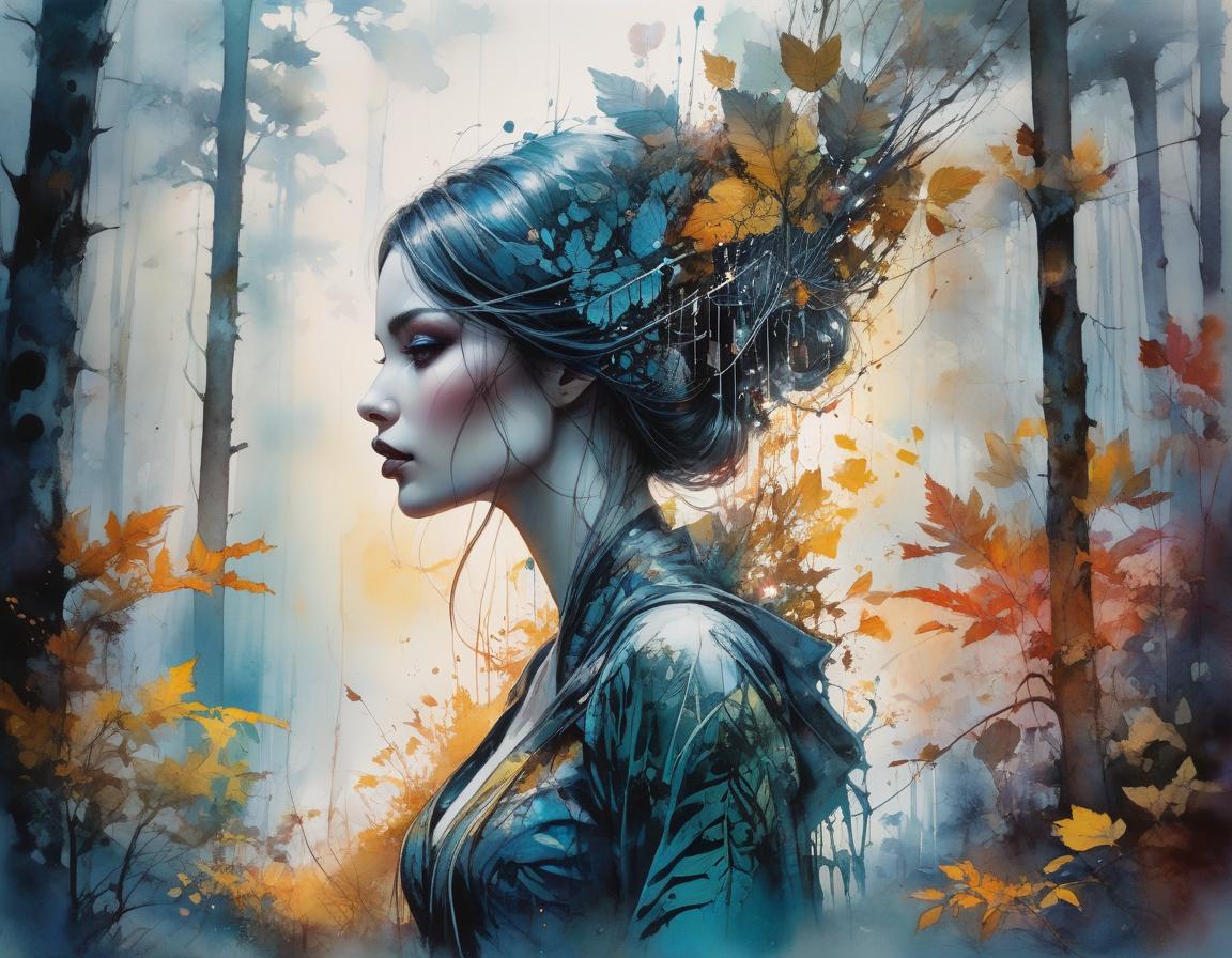  watercolor painting mysterious silhouette forest woman, by Minjae Lee, Carne Griffiths, Emily Kell, Geoffroy Thoorens, Aaron Horkey, Jordan Grimmer, Greg Rutkowski, amazing depth, masterwork, surreal, geometric patterns, intricately detailed, bokeh, perfect balanced, deep fine borders, artistic photorealism , smooth, great masterwork by head of prompt engineering . vibrant, beautiful, painterly, detailed, textural, artistic hyperrealistic, full body, detailed clothing, highly detailed, cinematic lighting, stunningly beautiful, intricate, sharp focus, f/1. 8, 85mm, (centered image composition), (professionally color graded), ((bright soft diffused light)), volumetric fog, trending on instagram, trending on tumblr, HDR 4K, 8K