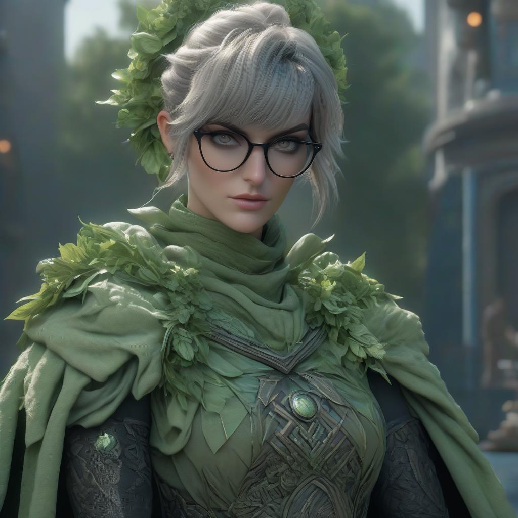  The goddess of justice and order and rigor. Strict tall woman. Short light hair with bangs, green eyes, glasses. Skinny body. hyperrealistic, full body, detailed clothing, highly detailed, cinematic lighting, stunningly beautiful, intricate, sharp focus, f/1. 8, 85mm, (centered image composition), (professionally color graded), ((bright soft diffused light)), volumetric fog, trending on instagram, trending on tumblr, HDR 4K, 8K