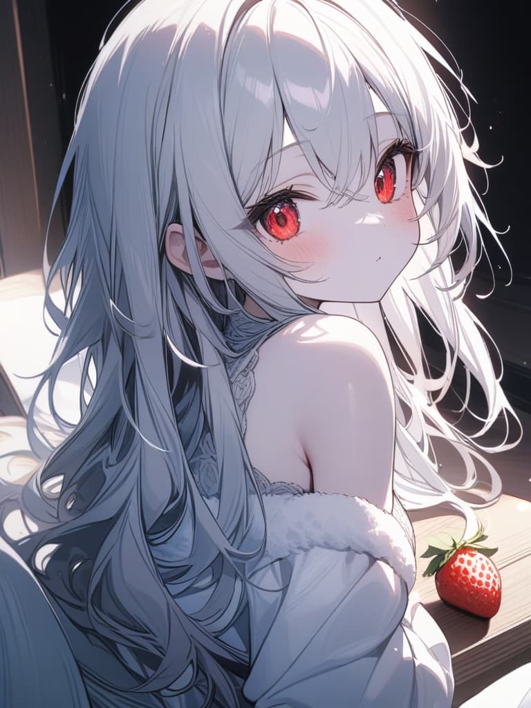  Cute, girl, big eyes, white skin, young face, thin body, pure white hair color, bright red eyes, fluffy hair, long hair, strawberry, masterpiece, best quality,8k,ultra detailed,high resolution,an extremely delicate and beautiful,hyper detail