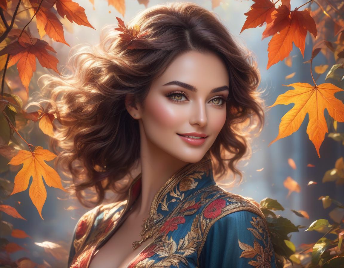  A stunning woman with mesmerizing brown eyes and a shy, yet lovely smile stands amidst a whirlwind of colorful leaves, her beauty rivaling that of nature itself., face by Bagshaw, Atroshenko, hyperrealistic, full body, detailed clothing, highly detailed, cinematic lighting, stunningly beautiful, intricate, sharp focus, f/1. 8, 85mm, (centered image composition), (professionally color graded), ((bright soft diffused light)), volumetric fog, trending on instagram, trending on tumblr, HDR 4K, 8K