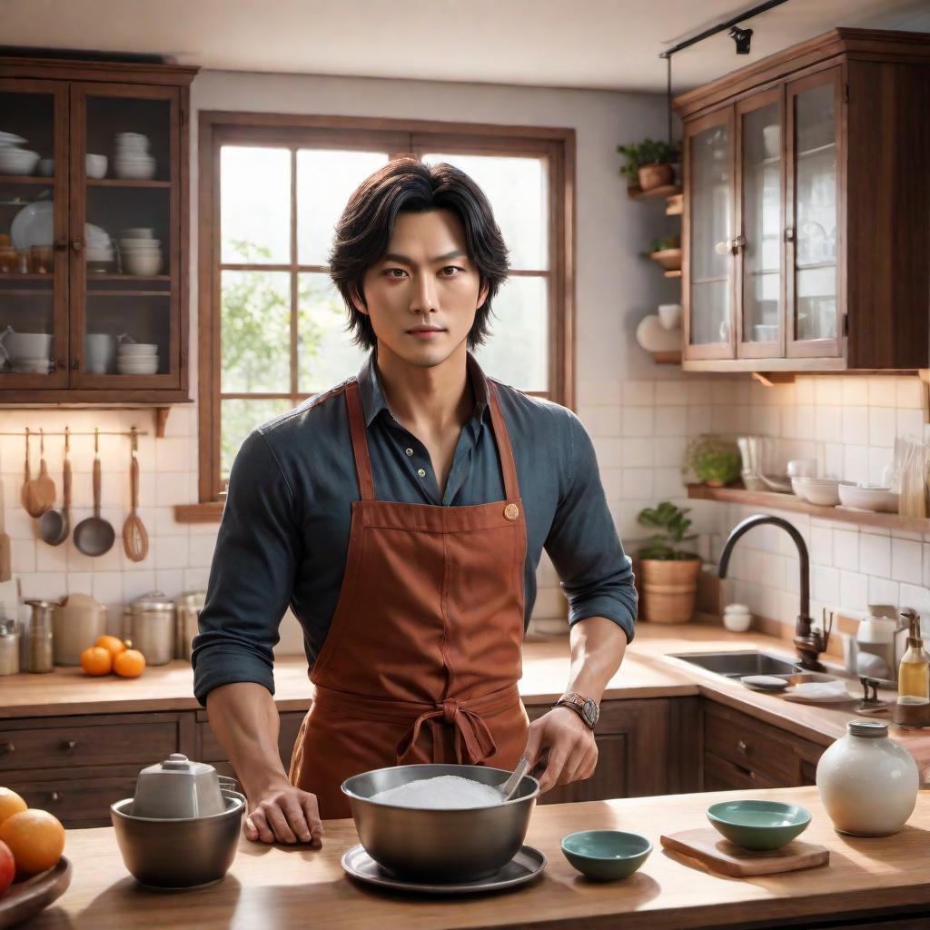  Tsukasa Tenma from the game Project Sekai: Colorful Stage! doing dishes in a kitchen. The scene depicts Tsukasa in his casual attire, standing at the kitchen sink with soap suds and a stack of dishes. The background includes typical kitchen elements such as cabinets, a window, and a cozy ambiance. hyperrealistic, full body, detailed clothing, highly detailed, cinematic lighting, stunningly beautiful, intricate, sharp focus, f/1. 8, 85mm, (centered image composition), (professionally color graded), ((bright soft diffused light)), volumetric fog, trending on instagram, trending on tumblr, HDR 4K, 8K