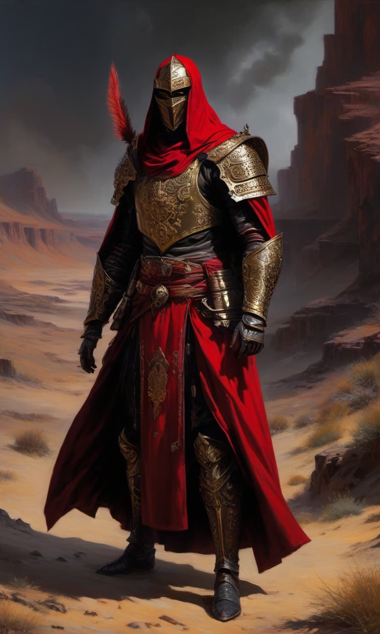  (masterpiece, oil painting, impasto:1.3), armored scholar, holding a scroll, inspired by Craig Mullins, unique disturbia style, (cultist red robe:1.2), tuareg influence, trash polka elements, intricate armor covering the figure, mysterious and enigmatic expression, rich textures, detailed brushstrokes, dynamic lighting casting dramatic shadows, enigmatic atmosphere, ancient and mystical setting, dark color palette with pops of red, gold accents on armor, rugged terrain in the background, intense gaze, powerful presence, side view, mid stride pose, raw emotion. hyperrealistic, full body, detailed clothing, highly detailed, cinematic lighting, stunningly beautiful, intricate, sharp focus, f/1. 8, 85mm, (centered image composition), (professionally color graded), ((bright soft diffused light)), volumetric fog, trending on instagram, trending on tumblr, HDR 4K, 8K