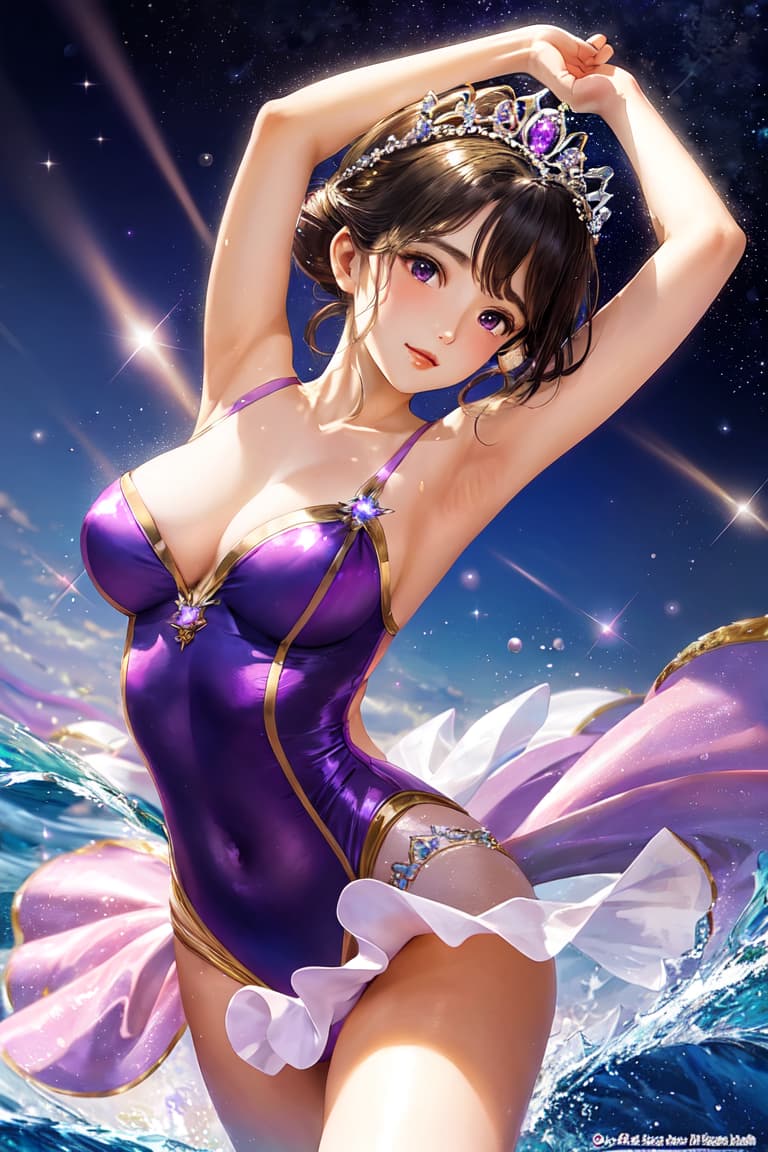  master piece , best quality,The beautiful ballerina wears a gorgeous purple ballet tutu and a tiara, and dances gracefully in the sea of ​​stars.