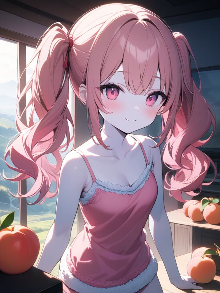  Cute, , pink hair, twin tails, pink eyes, big s, peaches, fruits, white skin, smiles, valley, thin body, fluffy hair, big s, , camisole, room clothes, masterpiece, best quality,8k,ultra detailed,high resolution,an extremely delicate and beautiful,hyper detail