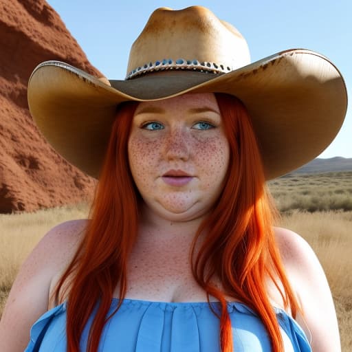  Long face, red hair, freckles, fat, cowboy hat, chubby, wearing blue dress