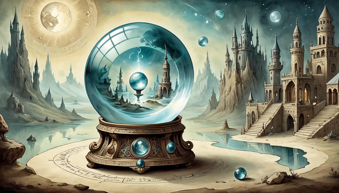  on parchment, surrealism+++, A crystal ball, reflecting scenes of the future, glints of light, mystic aura, intricate details, foresight(mysterious, provocative, symbolic,muted color)+++