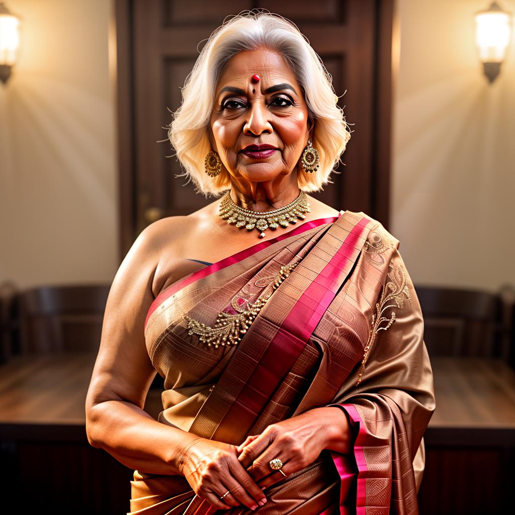  A old age woman in saree, Beautiful, pallu drapery, Big Breast, Chubby hyperrealistic, full body, detailed clothing, highly detailed, cinematic lighting, stunningly beautiful, intricate, sharp focus, f/1. 8, 85mm, (centered image composition), (professionally color graded), ((bright soft diffused light)), volumetric fog, trending on instagram, trending on tumblr, HDR 4K, 8K