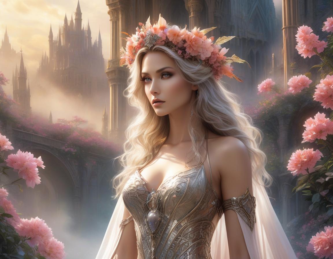  A woman with a floral crown and long wavy hair gazes away, set against a fantastic al castle and lush, blooming flowers. Envision a work of art where fantasy and reality blur—a woman stands enshrouded in a tapestry of vivid blossoms, her hair a cascade of elaborate floral designs. She dons a dress of futuristic elegance against a backdrop that whispers of the surreal, all captured in the distinctive style of Luis Royo. This digital masterpiece comes alive with brilliant hues and otherworldly illumination, creating a dreamy realm where every ornate detail contributes to an imaginative tableau hyperrealistic, full body, detailed clothing, highly detailed, cinematic lighting, stunningly beautiful, intricate, sharp focus, f/1. 8, 85mm, (centered image composition), (professionally color graded), ((bright soft diffused light)), volumetric fog, trending on instagram, trending on tumblr, HDR 4K, 8K