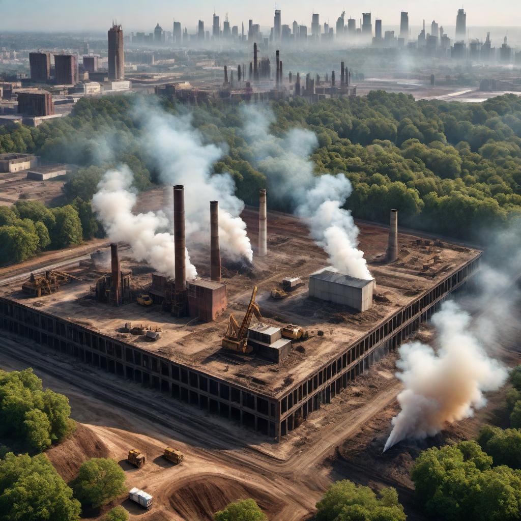  An artistic visualization showing humans destroying the Earth. The image should include elements such as deforestation, pollution, and climate change. Depict a scene where factories are emitting pollutants into the air, trees are being cut down, and a portion of the Earth is drying up with cracked soil. Additionally, include some wildlife looking distressed and a cityscape in the background to highlight urban impact. hyperrealistic, full body, detailed clothing, highly detailed, cinematic lighting, stunningly beautiful, intricate, sharp focus, f/1. 8, 85mm, (centered image composition), (professionally color graded), ((bright soft diffused light)), volumetric fog, trending on instagram, trending on tumblr, HDR 4K, 8K