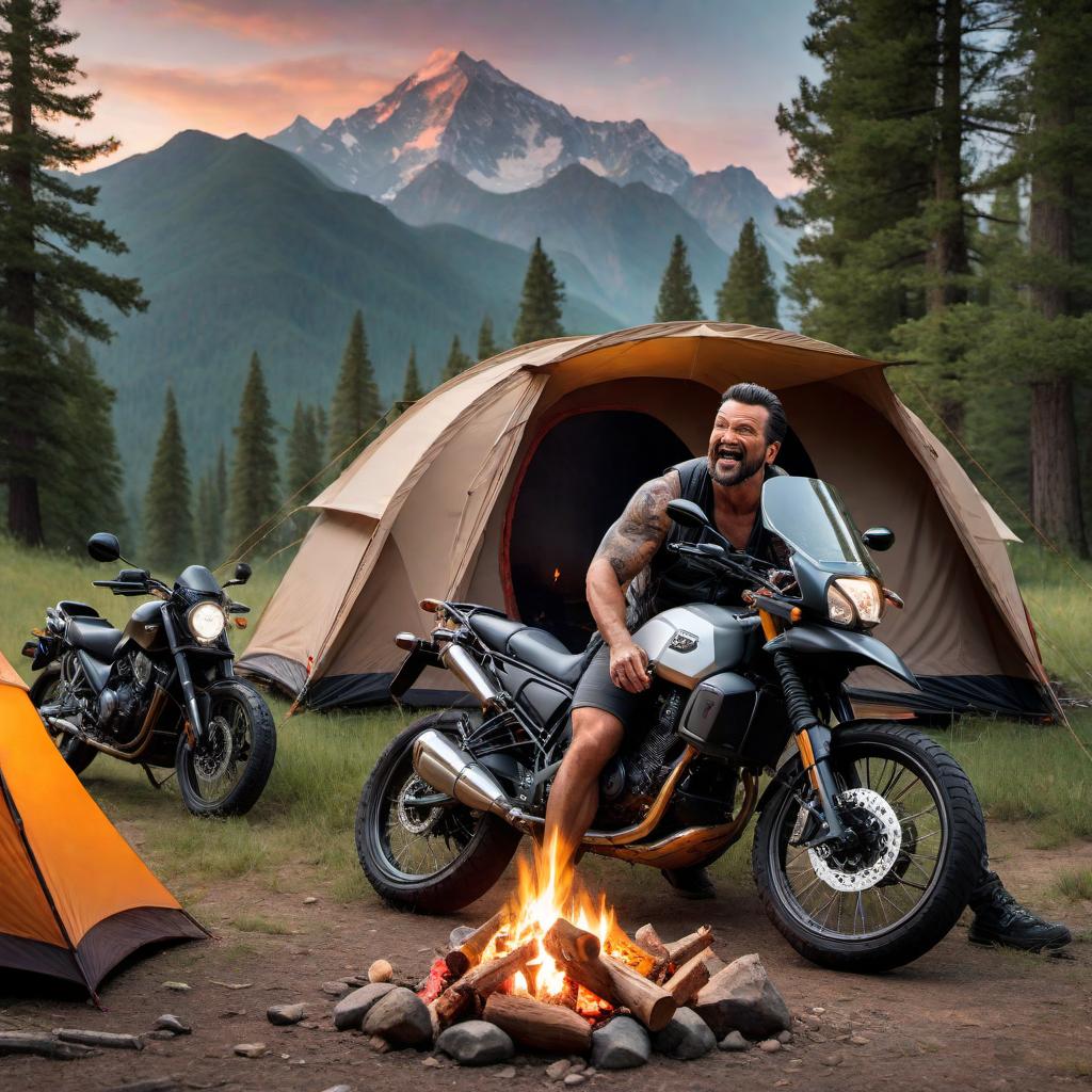  A large biker with a fun and goofy expression, camping on the side of the road with a tent and a motorcycle nearby. He’s trying to cook a meal over a campfire but comically failing, perhaps a dropped pot or exaggerated mishap. Nearby, a cozy van with an inviting and scenic backdrop of mountains or forest. The scene is lighthearted and animated, capturing both the spirit of adventure and humor in the biker’s camping and van life experience. hyperrealistic, full body, detailed clothing, highly detailed, cinematic lighting, stunningly beautiful, intricate, sharp focus, f/1. 8, 85mm, (centered image composition), (professionally color graded), ((bright soft diffused light)), volumetric fog, trending on instagram, trending on tumblr, HDR 4K, 8K