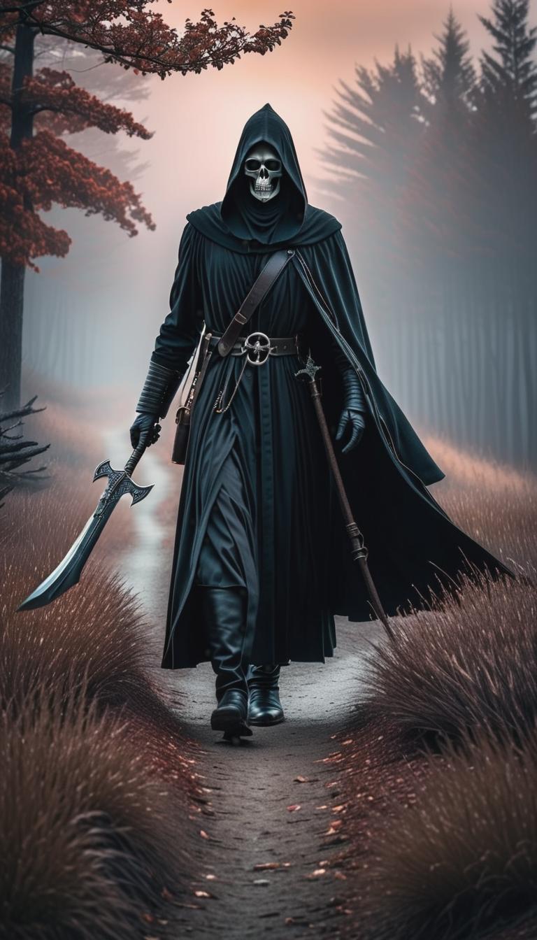  gothic style depiction of a grim reaper. Dark, mysterious, scary, haunting, dramatic, ornate, detailed. . dark, mysterious, haunting, dramatic, ornate, detailed, hyperrealistic, full body, detailed clothing, highly detailed, cinematic lighting, stunningly beautiful, intricate, sharp focus, f/1. 8, 85mm, (centered image composition), (professionally color graded), ((bright soft diffused light)), volumetric fog, trending on instagram, trending on tumblr, HDR 4K, 8K