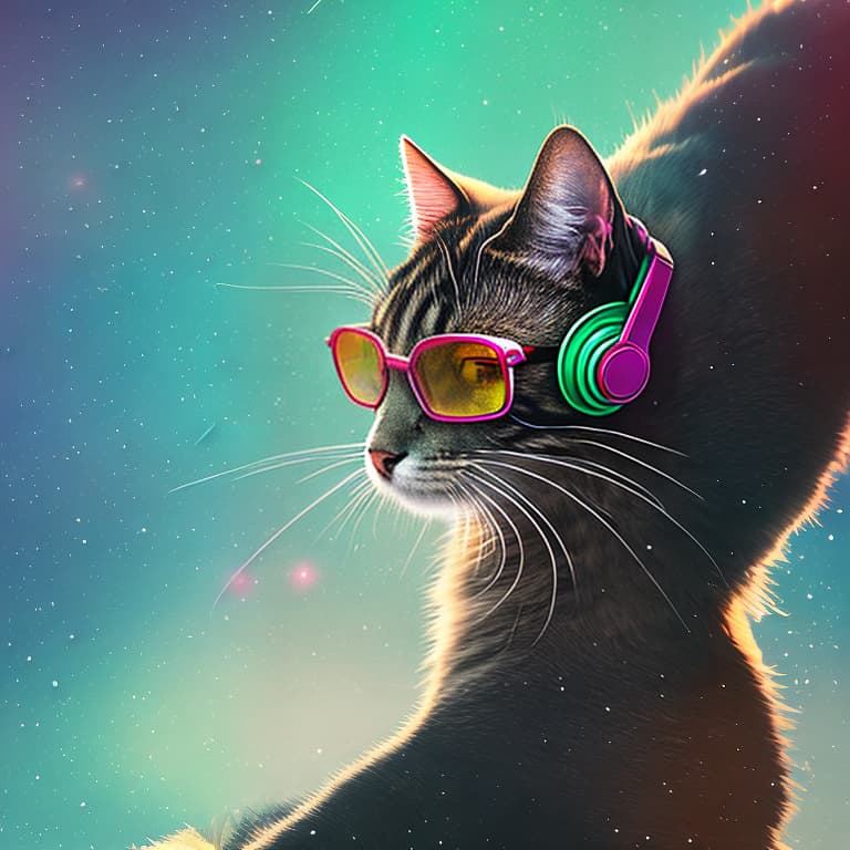 nvinkpunk Realistic image of a cat wearing headphones and reading glasses while riding a bus, realism hyperrealistic, full body, detailed clothing, highly detailed, cinematic lighting, stunningly beautiful, intricate, sharp focus, f/1. 8, 85mm, (centered image composition), (professionally color graded), ((bright soft diffused light)), volumetric fog, trending on instagram, trending on tumblr, HDR 4K, 8K