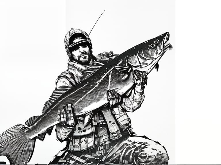 nvinkpunk (grayscale, woodcut:1.2), (etching:1.1), (engraving:0.2), A fisherman caught a fish logo black white., detailed hyperrealistic, full body, detailed clothing, highly detailed, cinematic lighting, stunningly beautiful, intricate, sharp focus, f/1. 8, 85mm, (centered image composition), (professionally color graded), ((bright soft diffused light)), volumetric fog, trending on instagram, trending on tumblr, HDR 4K, 8K