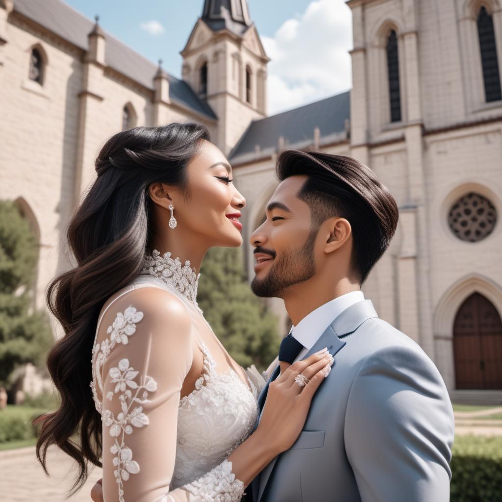  A TikTok post featuring a white man and an Asian woman, both happy and engaged, walking hand in hand towards a picturesque church. The scene is romantic and they are dressed nicely, reflecting their joy and love. Include elements like a caption saying, '🎉💍 Two hearts, one love! Watch as they take the first steps of their forever journey together. Walking hand in hand, heart to heart, heading to their happy ever after! 🌸❤️' and hashtags like #Engaged, #LoveStory, #WeddingJourney, #InterracialLove, #CoupleGoals, #HappilyEverAfter, #TikTokLove, and #ForeverTogether. Use a visually appealing background and trending aesthetic elements, such as trending romantic music notes illustrated around them. hyperrealistic, full body, detailed clothing, highly detailed, cinematic lighting, stunningly beautiful, intricate, sharp focus, f/1. 8, 85mm, (centered image composition), (professionally color graded), ((bright soft diffused light)), volumetric fog, trending on instagram, trending on tumblr, HDR 4K, 8K