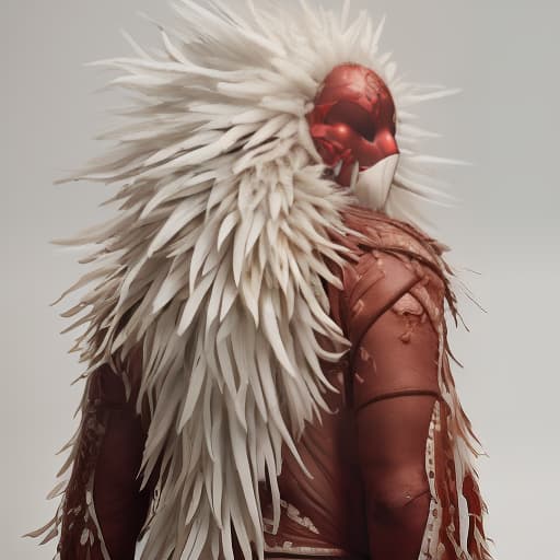  A man on a white background. His back is hunched. White spikes grow out of his back. The face is covered by an ordinary round mask hyperrealistic, full body, detailed clothing, highly detailed, cinematic lighting, stunningly beautiful, intricate, sharp focus, f/1. 8, 85mm, (centered image composition), (professionally color graded), ((bright soft diffused light)), volumetric fog, trending on instagram, trending on tumblr, HDR 4K, 8K