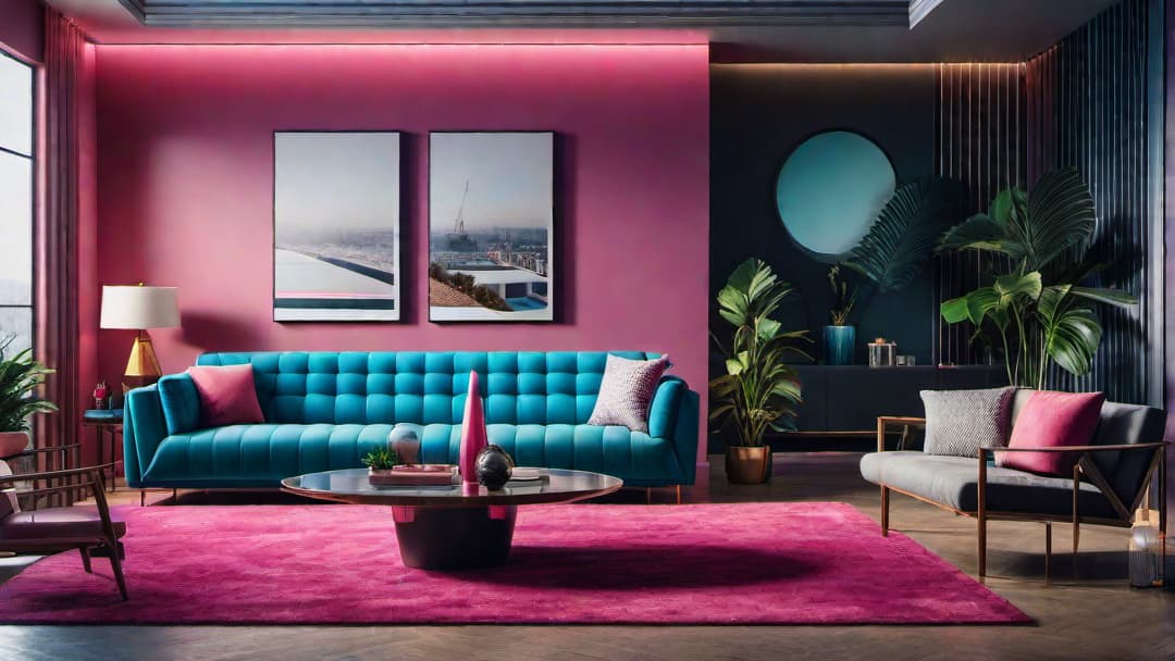  Generate an image of a retro living room from the 80s with bold and vibrant colors. The room should feature a large geometric patterned rug as the focal point, surrounded by furniture in neon pink and electric blue hues. Include geometric art pieces on the walls and mirrored accents for a touch of modern style. The overall design should evoke the nostalgia and vibrancy typical of 80s retro home interiors. hyperrealistic, full body, detailed clothing, highly detailed, cinematic lighting, stunningly beautiful, intricate, sharp focus, f/1. 8, 85mm, (centered image composition), (professionally color graded), ((bright soft diffused light)), volumetric fog, trending on instagram, trending on tumblr, HDR 4K, 8K