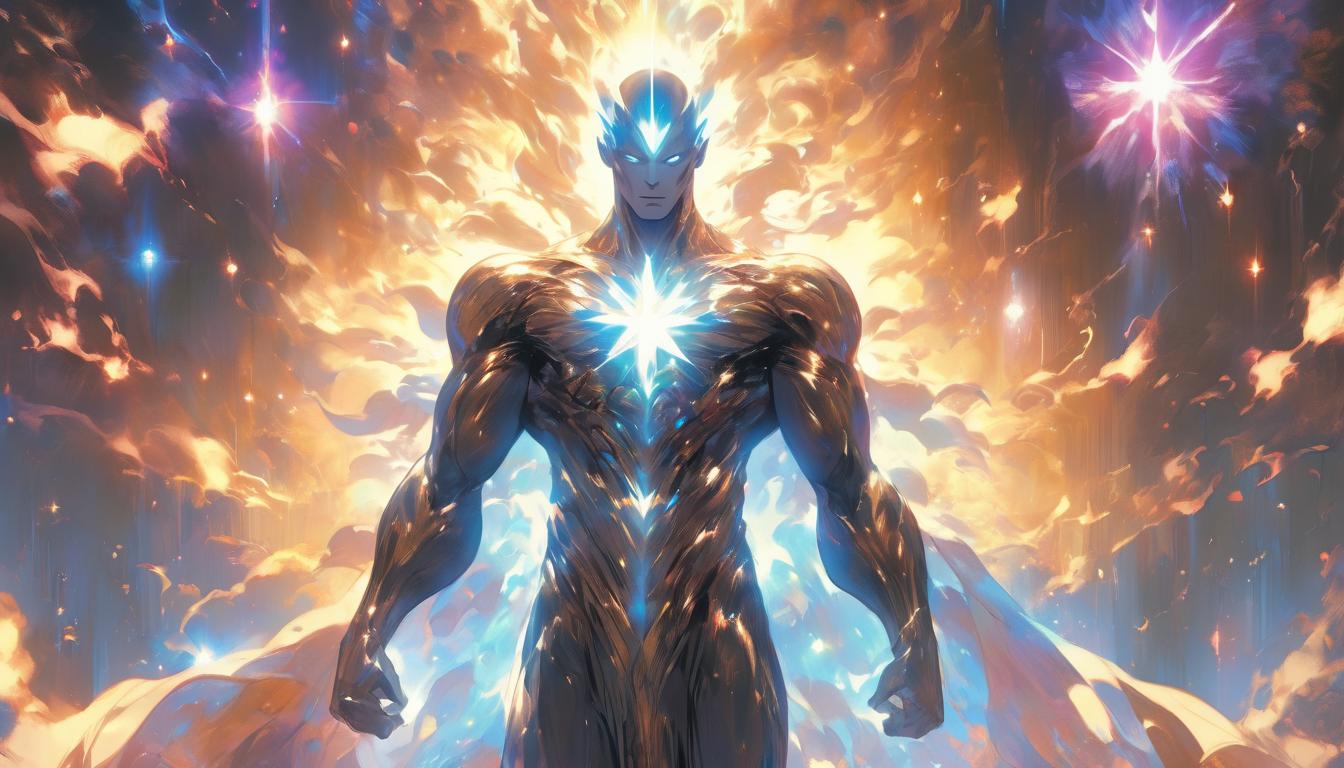  hyperrealism,fantasy aestheticA beacon of divine light, star shaped aura radiating, figure in the center, robes flowing, cosmos in the background, luminous, celestial, high tech clothing clad in sleek, futuristic costume with metallic accents and form fitting designs, marvel superhero comics style, unreal engine rendering