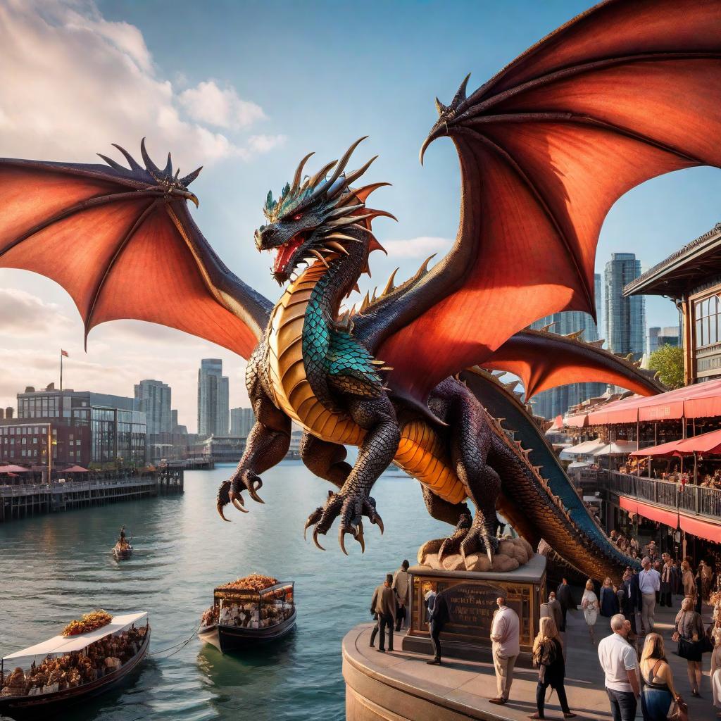  An image of a majestic dragon soaring above Lonsdale Quay, with the busy market and waterfront in the background. The dragon has iridescent scales, large wings, and fiery breath, creating a mystical and awe-inspiring scene. hyperrealistic, full body, detailed clothing, highly detailed, cinematic lighting, stunningly beautiful, intricate, sharp focus, f/1. 8, 85mm, (centered image composition), (professionally color graded), ((bright soft diffused light)), volumetric fog, trending on instagram, trending on tumblr, HDR 4K, 8K